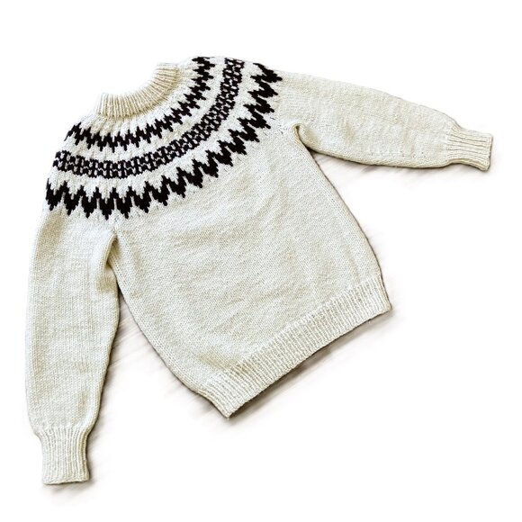 Vintage Hand Knit Wool Fair Isle Pullover Sweater Ivory/Brown Women's Size XS - Picture 2 of 5